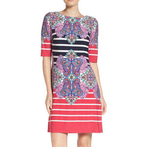 Eliza J Shift Dress Womens 8 Short Sleeve Floral Stripe Back Zip Lined Stretch